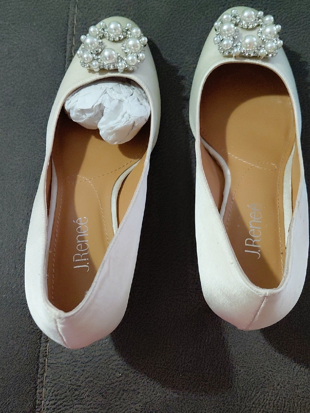 J. Renéé Ivory Pearl-Embellished Ballet Flats Size 9.5 Satin Shoe